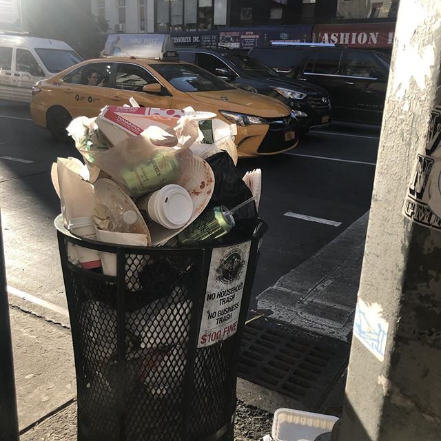 Looking forward to the day when this is not the norm. Single use disposable items make up so much of our street litter. The City’s employees empty these bins: note the sign, no household or business waste. But everything in this bin came from a business! Once the waste is in the public realm, it becomes the City’s responsibility, at great cost. We need to rethink our #disposableculture, fast. #singleusedisposables #nyctrash #wastelessnyc #zerowastenyc